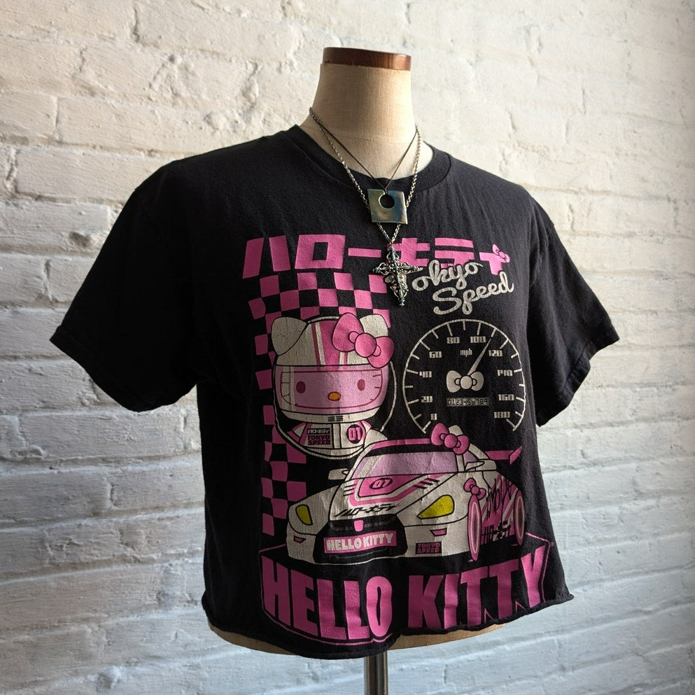 Retro Hello Kitty Graphic Print Cropped Tee Y2K 90s Boxy Anime Drag Racing Top