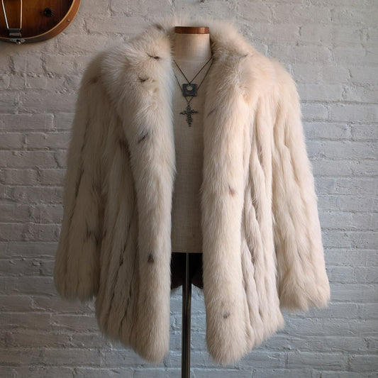 Vintage White Fluffy Fox Fur Coat Spotted Genuine Furry Mobwife Designer Jacket