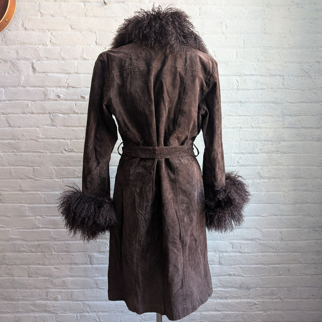 Vintage Brown Suede Penny Lane Jacket Fur Furry Leather Groovy Mod Trench Coat