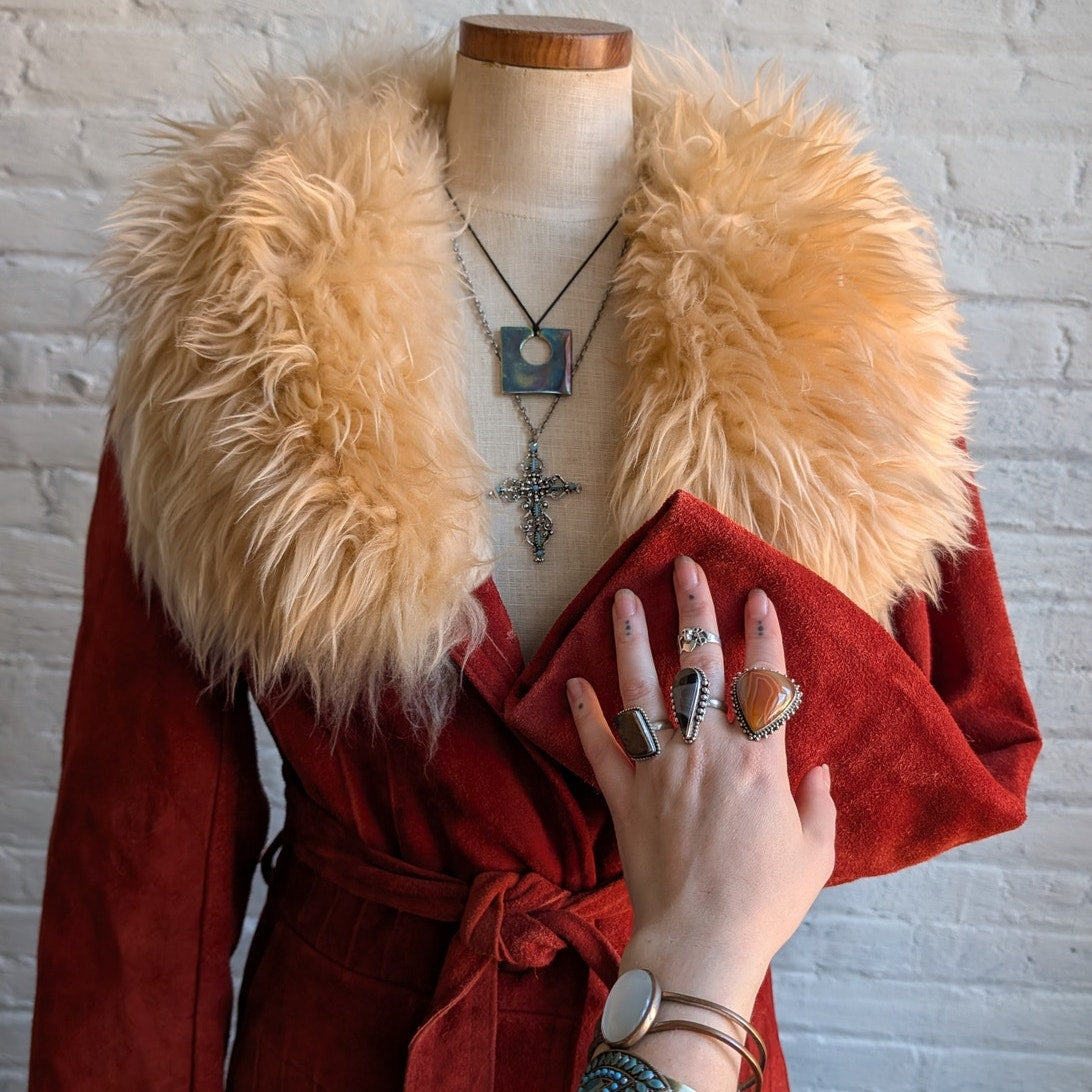 Vintage Red Suede Penny Lane Fur Jacket Furry Leather Groovy Vintage Trench Coat