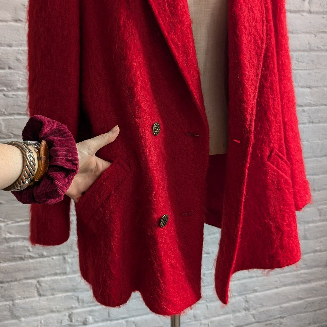 Vintage Red Fuzzy Mohair Wool Blazer Trench Shaggy Statement Pea Coat Jacket