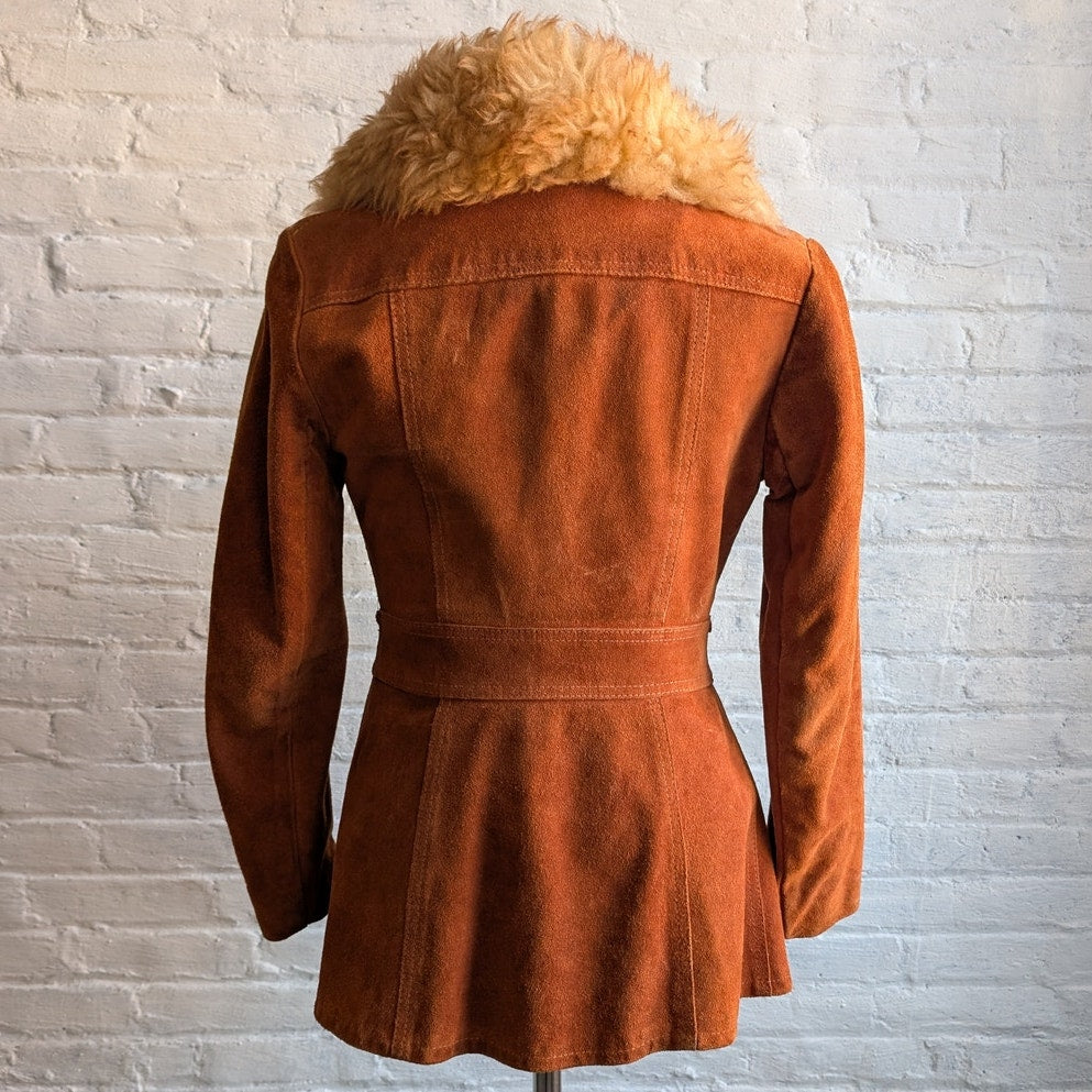 70s Orange Suede Penny Lane Jacket Groovy Fur Furry Genuine Leather Trench Coat