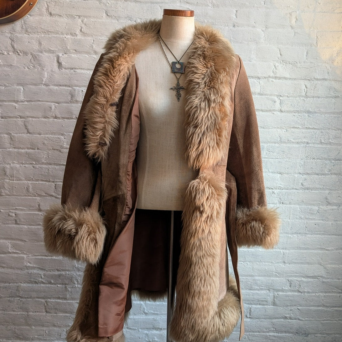 70s Vintage Brown Leather Penny Lane Coat Tan Suede Fur Groovy Boho Afghan Coat