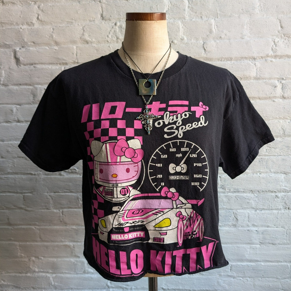 Retro Hello Kitty Graphic Print Cropped Tee Y2K 90s Boxy Anime Drag Racing Top