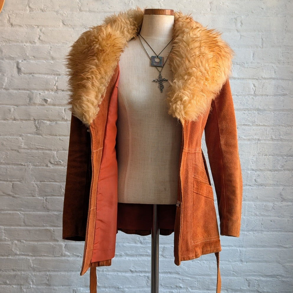 70s Orange Suede Penny Lane Jacket Groovy Fur Furry Genuine Leather Trench Coat