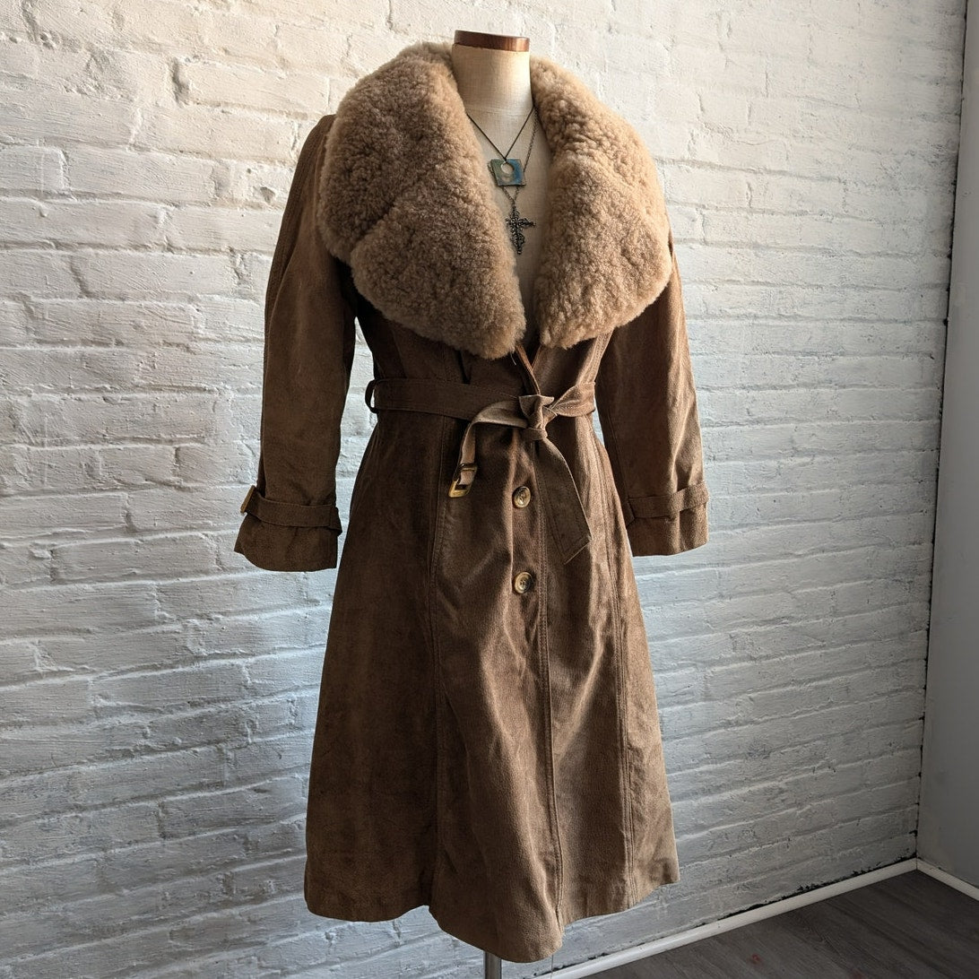 70s Vintage Penny Lane Tan Suede Fur Trench Coat Genuine Leather Groovy Duster