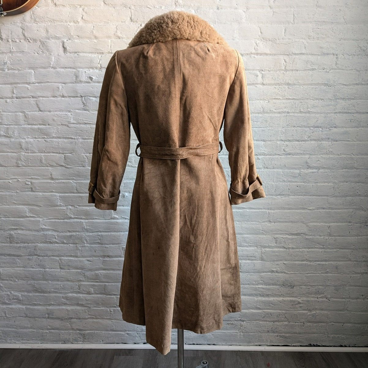 70s Vintage Penny Lane Tan Suede Fur Trench Coat Genuine Leather Groovy Duster