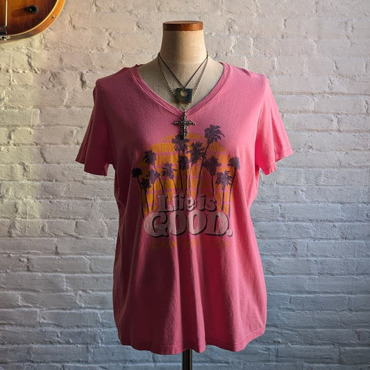 Retro 70s Groovy Pink Graphic Print Tee Distressed Tropical Funky Vacation Top