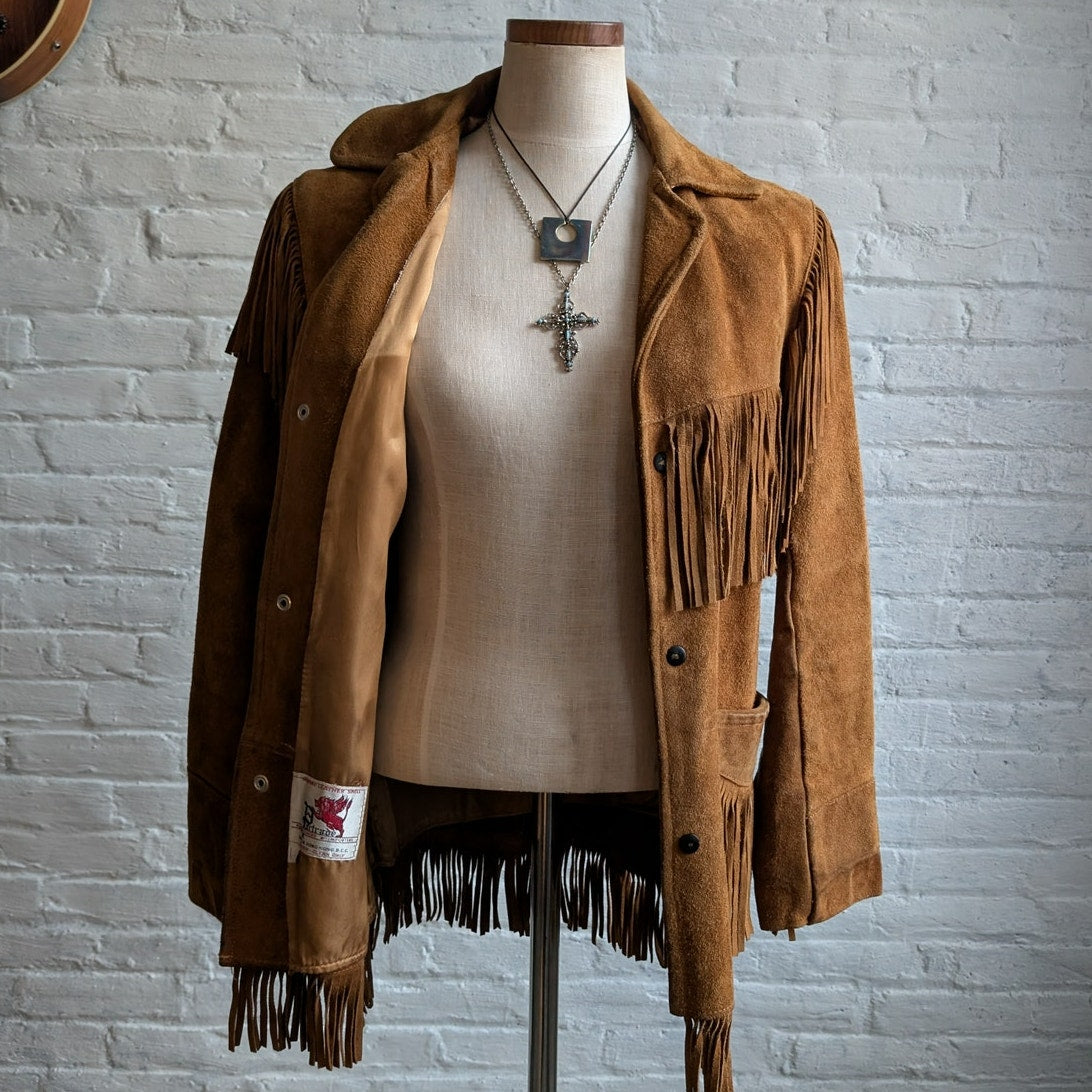 70s Vintage Orange Suede Leather Jacket Fringe Biker Western Moto Bomber Coat