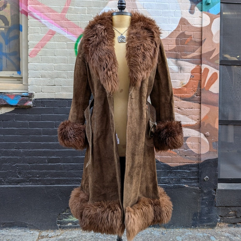 70s Brown Suede Jacket Penny Lane Fur Furry Leather Groovy Vintage Trench Coat