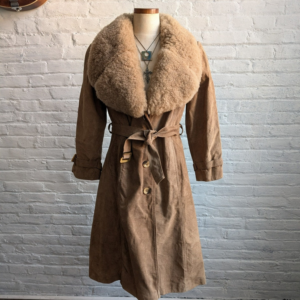 70s Vintage Penny Lane Tan Suede Fur Trench Coat Genuine Leather Groovy Duster