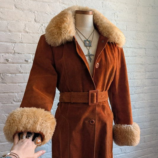 Vintage Orange Suede Fur Penny Lane Coat Groovy Jacket Furry Mod Trench Coat