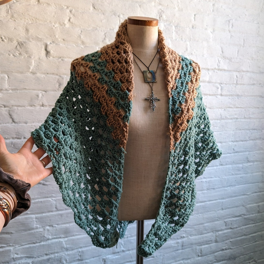 Vintage Hand Knit Crochet Festival Wrap Boho Hippie Western Earthy Poncho Shawl