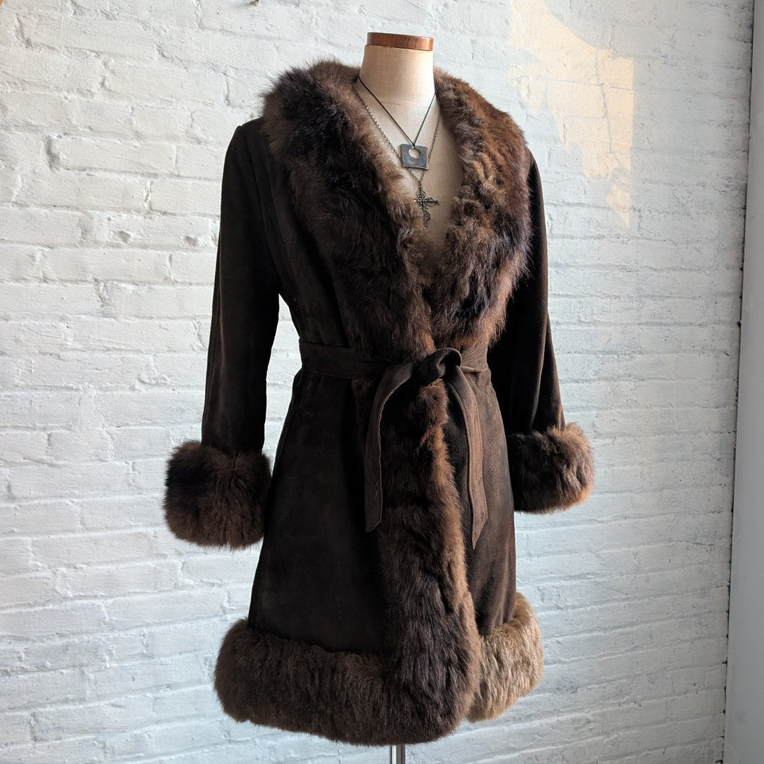 Vintage Brown Suede Penny Lane Jacket Fur Furry Leather Groovy Mod Trench Coat