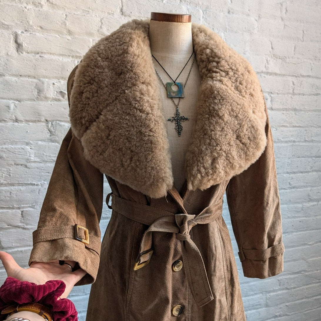 70s Vintage Penny Lane Tan Suede Fur Trench Coat Genuine Leather Groovy Duster