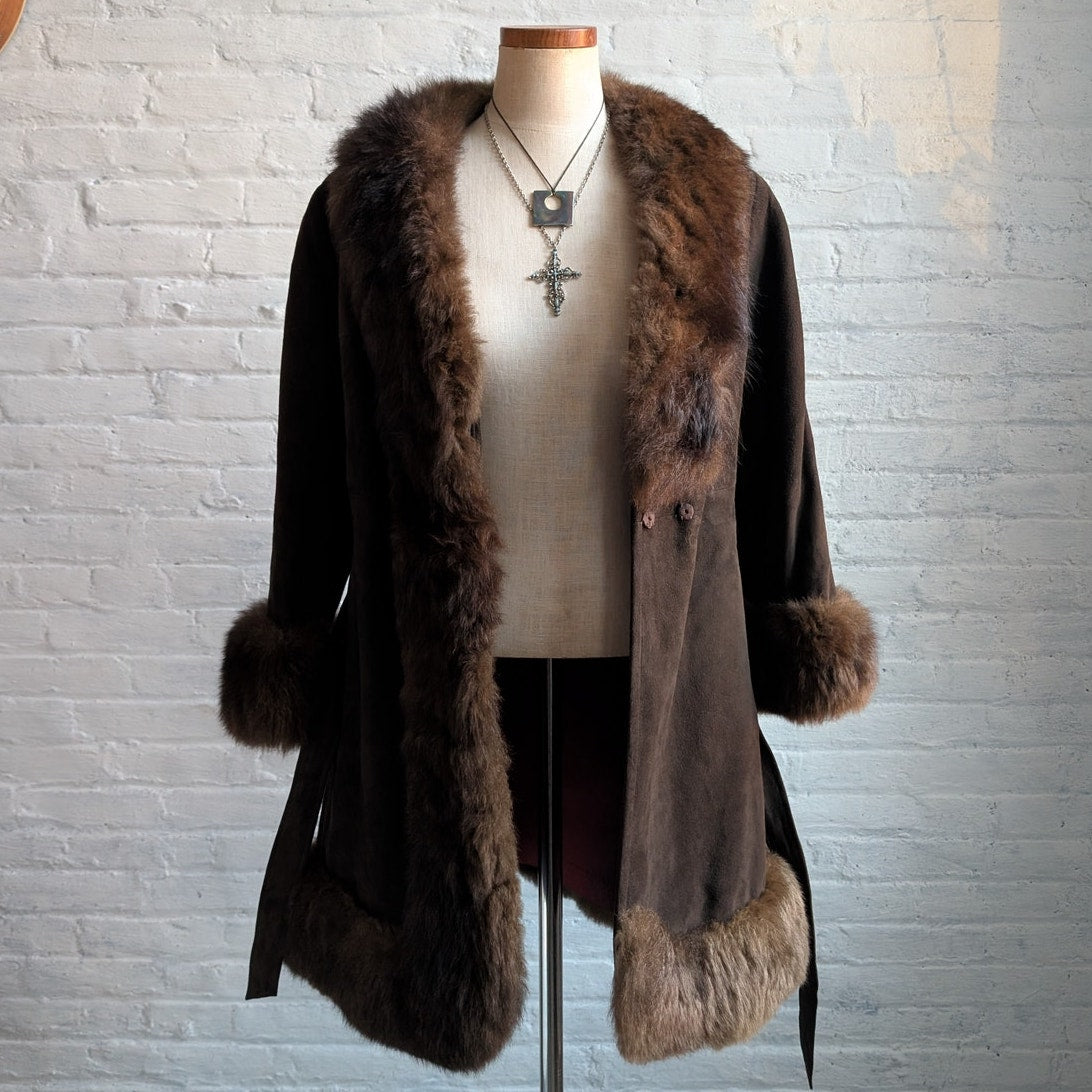 Vintage Brown Suede Penny Lane Jacket Fur Furry Leather Groovy Mod Trench Coat