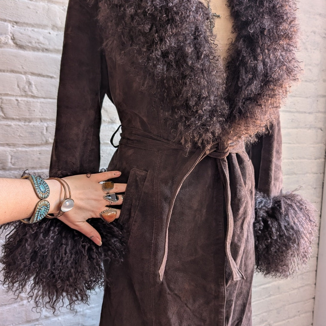 Vintage Brown Suede Penny Lane Jacket Fur Furry Leather Groovy Mod Trench Coat