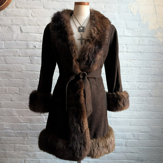 Vintage Brown Suede Penny Lane Jacket Fur Furry Leather Groovy Mod Trench Coat