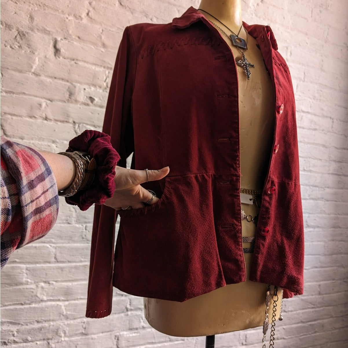 Vintage Cherry Red Suede Leather Jacket Western Minimalist Earthy Biker Coat