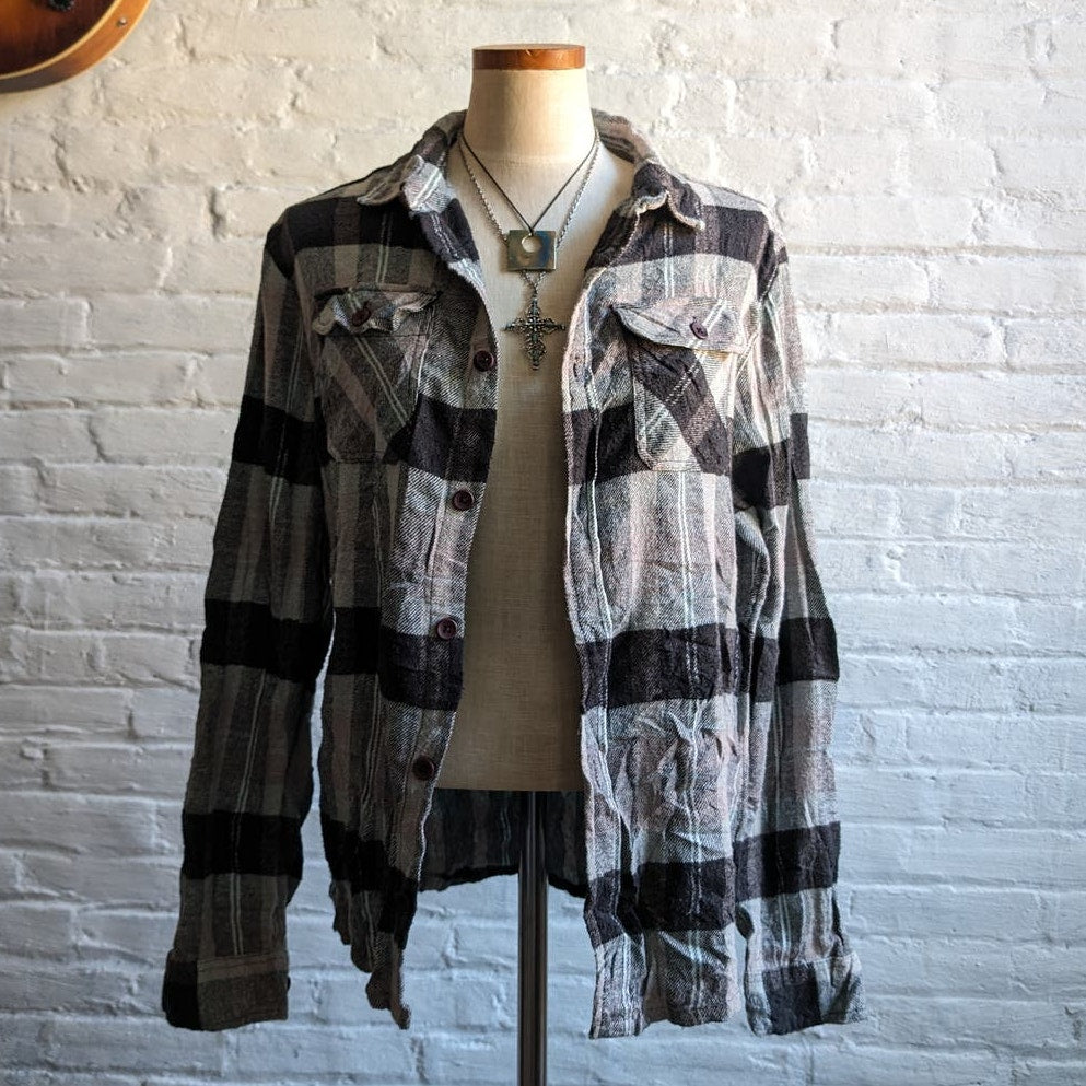 Y2K Oversize Plaid Boyfriend Grunge Flannel Minimalist Utility Striped Top Shirt