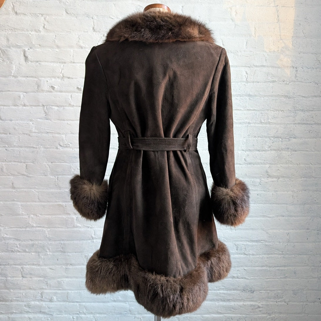 Vintage Brown Suede Penny Lane Jacket Fur Furry Leather Groovy Mod Trench Coat