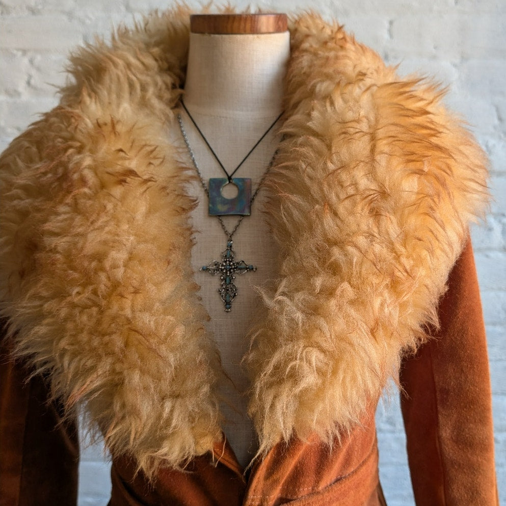 70s Orange Suede Penny Lane Jacket Groovy Fur Furry Genuine Leather Trench Coat