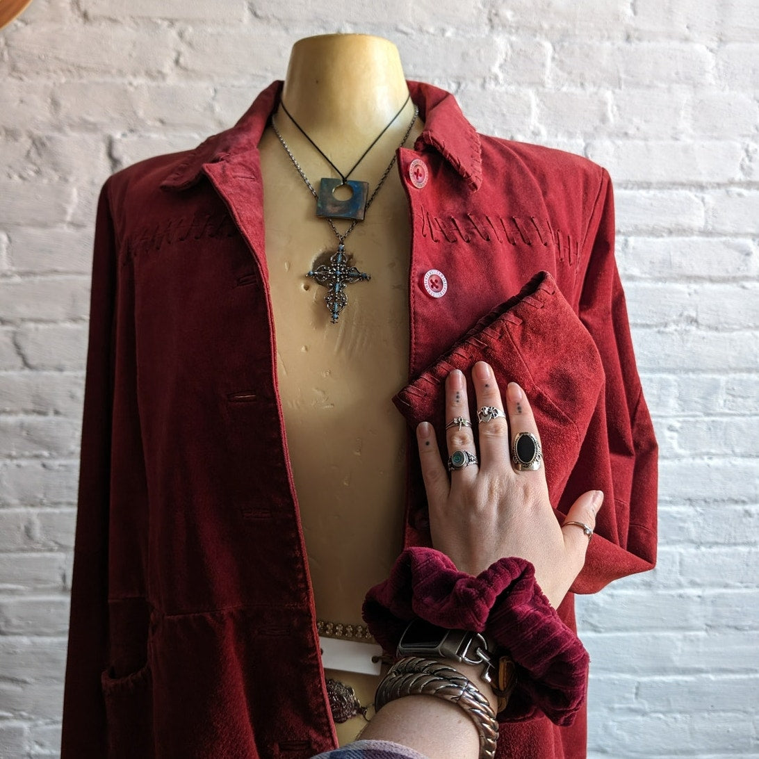 Vintage Cherry Red Suede Leather Jacket Western Minimalist Earthy Biker Coat