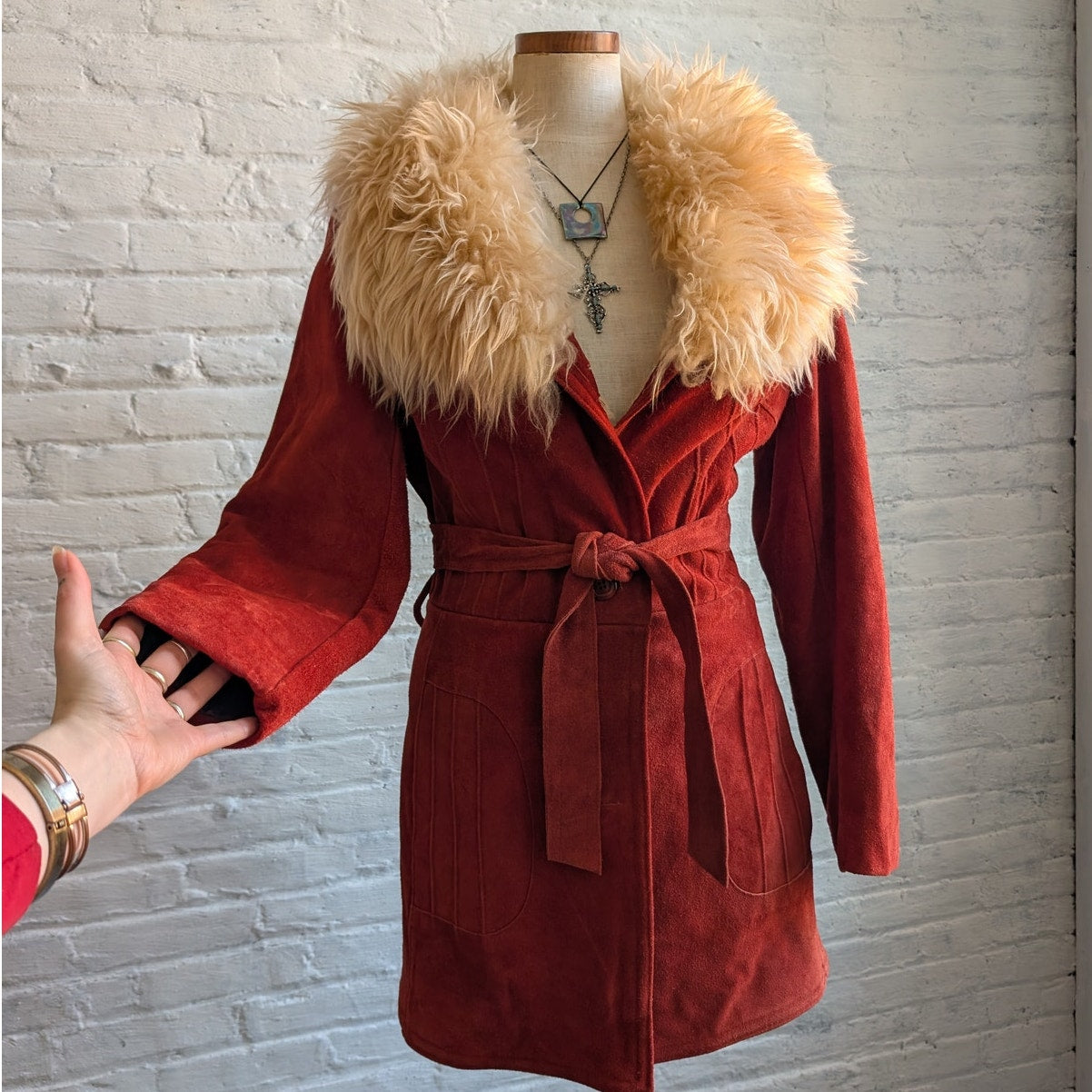 Vintage Red Suede Penny Lane Fur Jacket Furry Leather Groovy Vintage Trench Coat