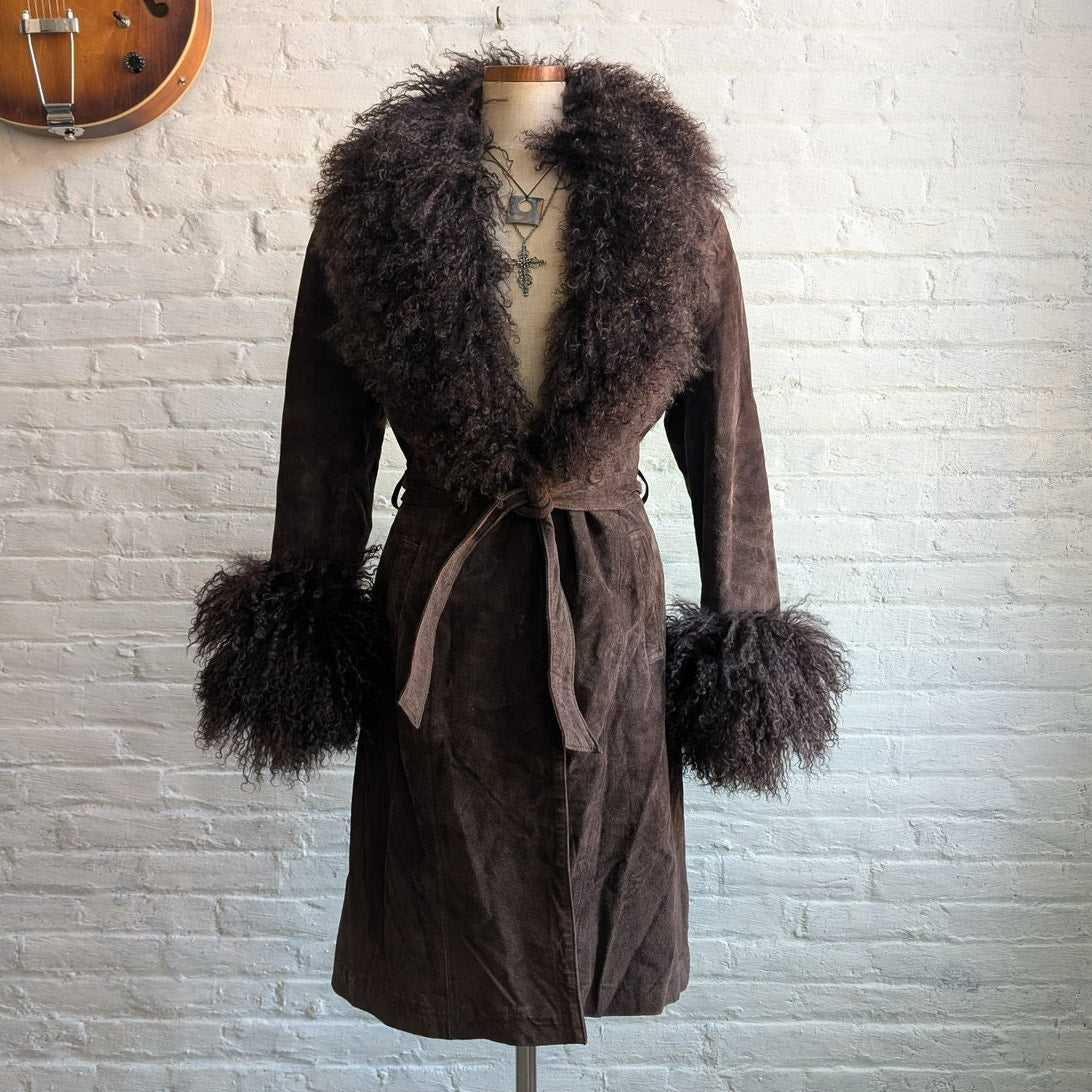 Vintage Brown Suede Penny Lane Jacket Fur Furry Leather Groovy Mod Trench Coat