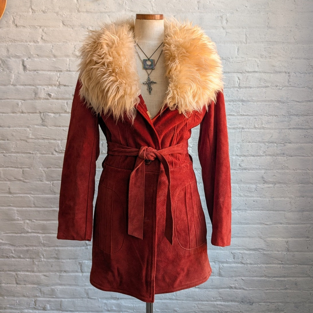 Vintage Red Suede Penny Lane Fur Jacket Furry Leather Groovy Vintage Trench Coat