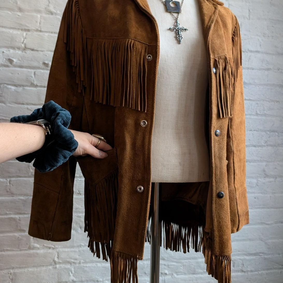 70s Vintage Orange Suede Leather Jacket Fringe Biker Western Moto Bomber Coat