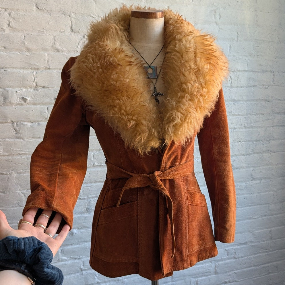 70s Orange Suede Penny Lane Jacket Groovy Fur Furry Genuine Leather Trench Coat