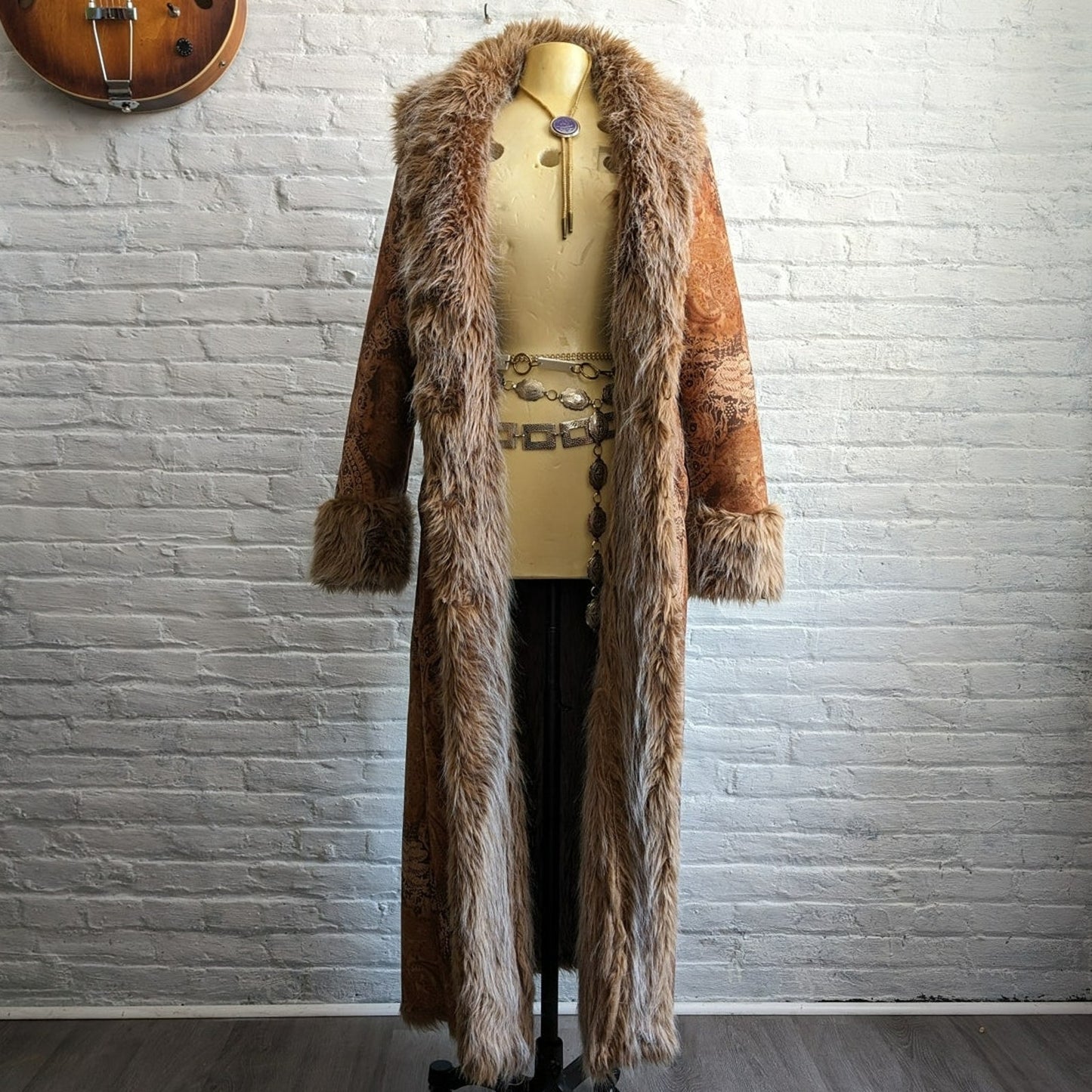 90s Vintage Penny Lane Groovy Faux Fur Jacket Shaggy Afghan Tapestry Trench Coat