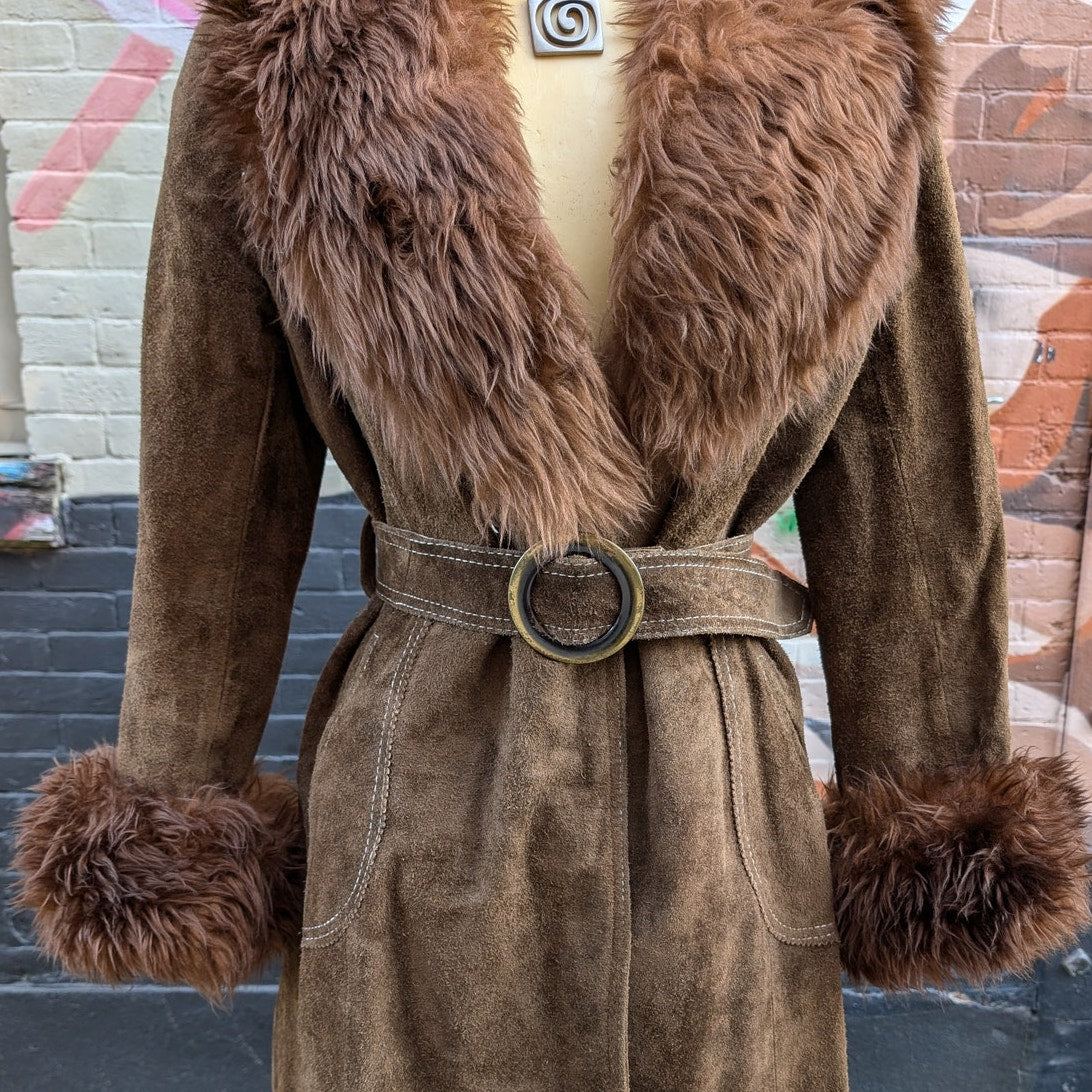 70s Brown Suede Jacket Penny Lane Fur Furry Leather Groovy Vintage Trench Coat