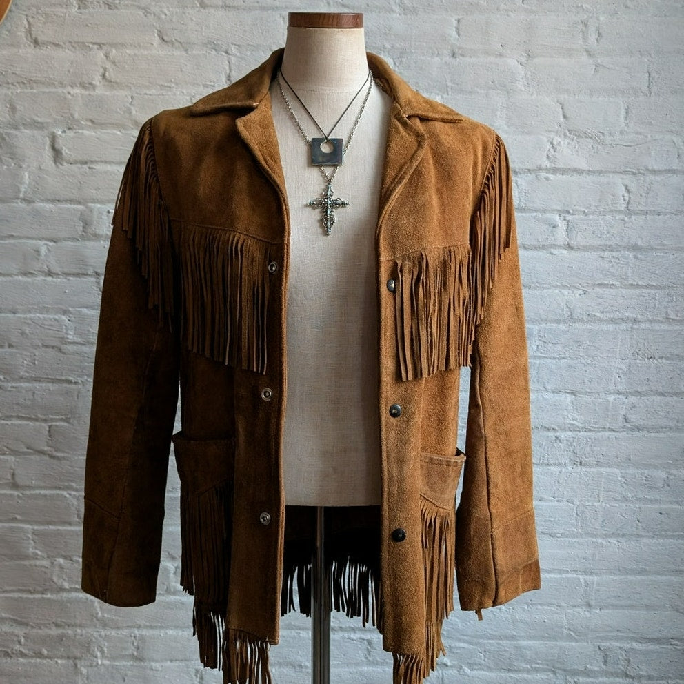 70s Vintage Orange Suede Leather Jacket Fringe Biker Western Moto Bomber Coat