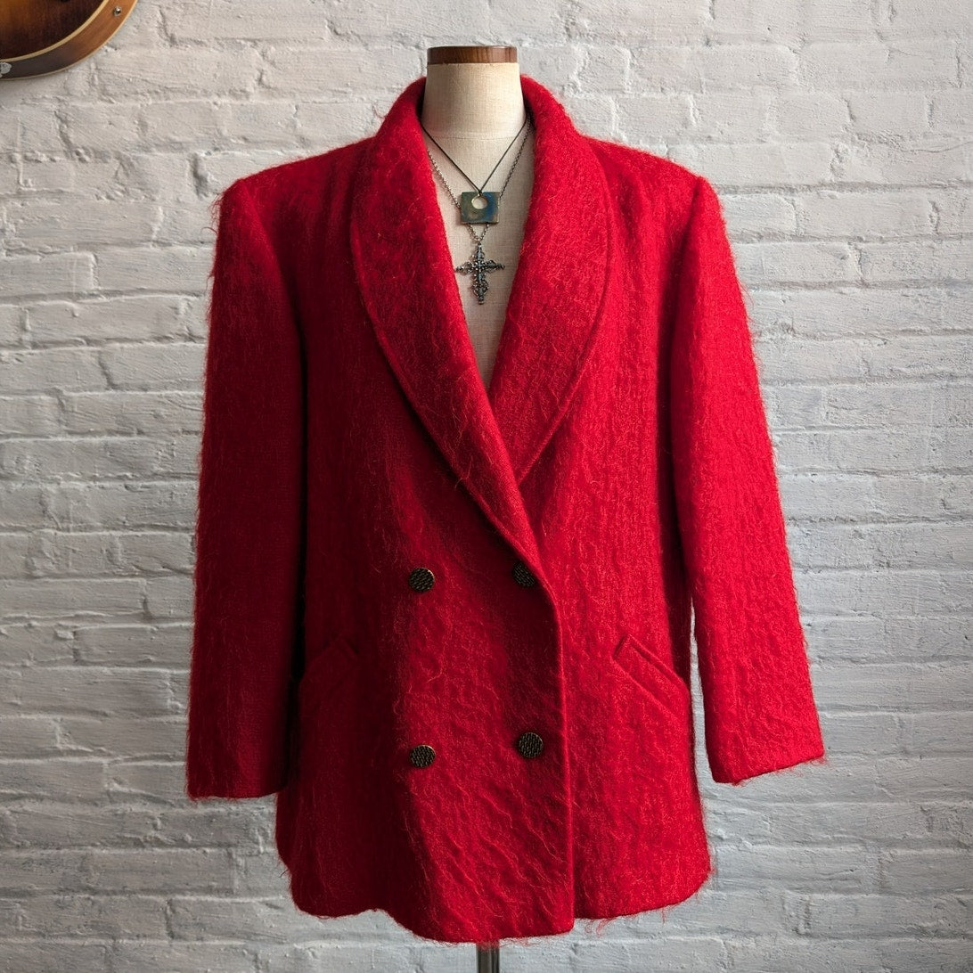 Vintage Red Fuzzy Mohair Wool Blazer Trench Shaggy Statement Pea Coat Jacket