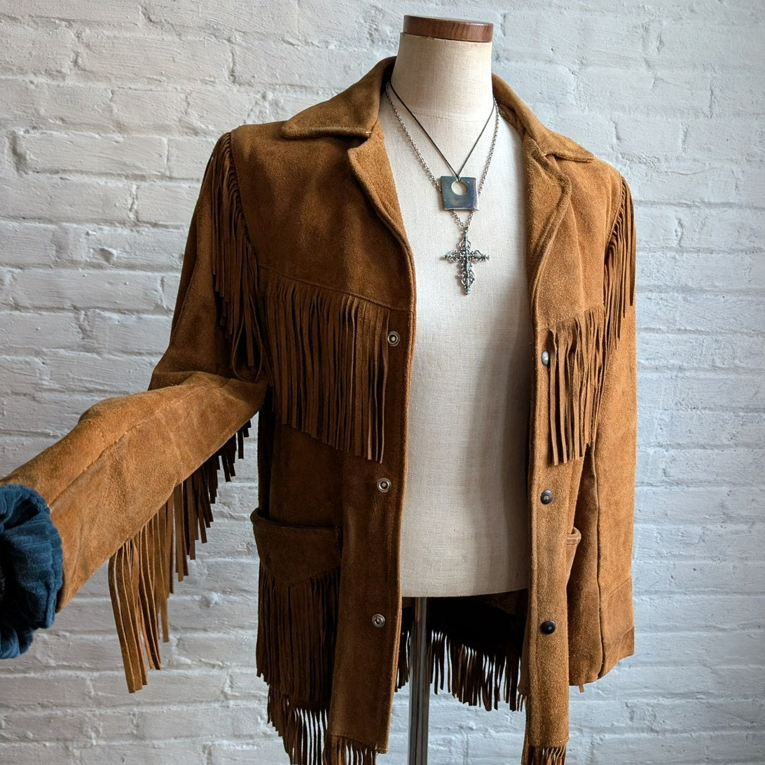 70s Vintage Orange Suede Leather Jacket Fringe Biker Western Moto Bomber Coat