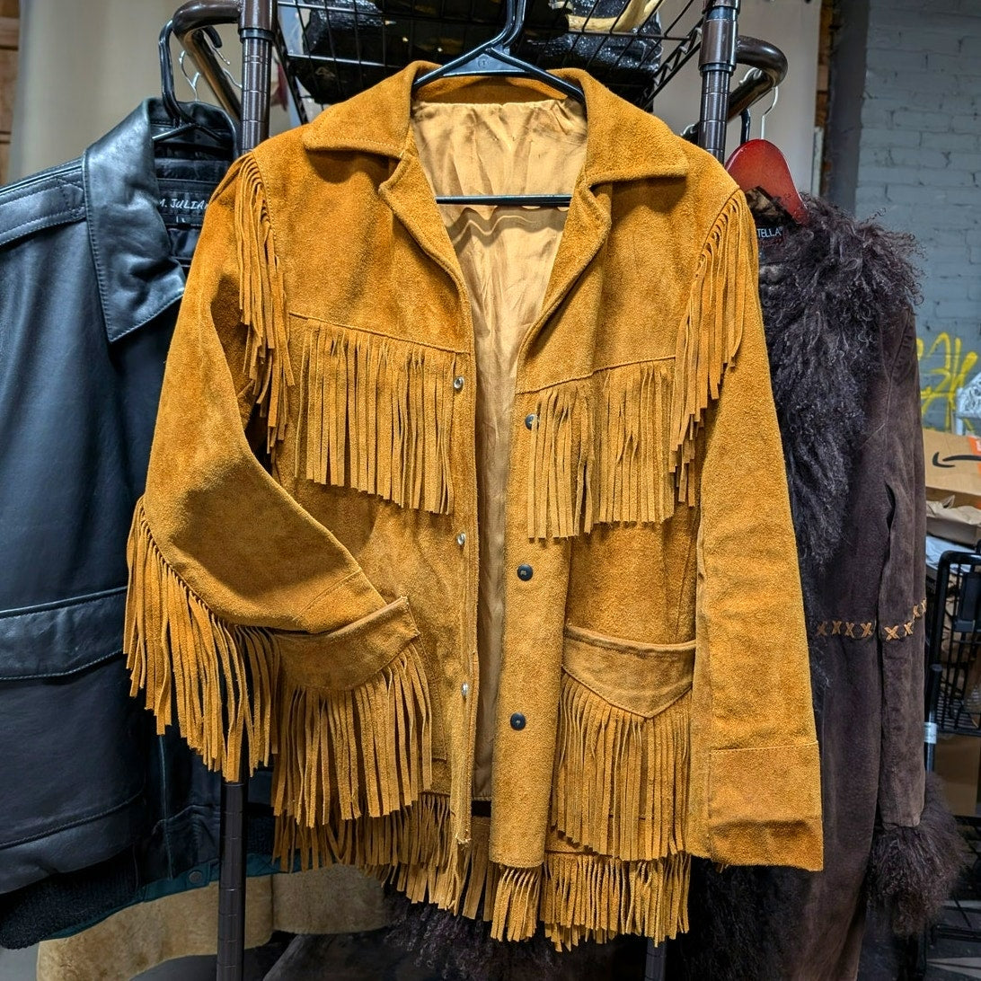 70s Vintage Orange Suede Leather Jacket Fringe Biker Western Moto Bomber Coat