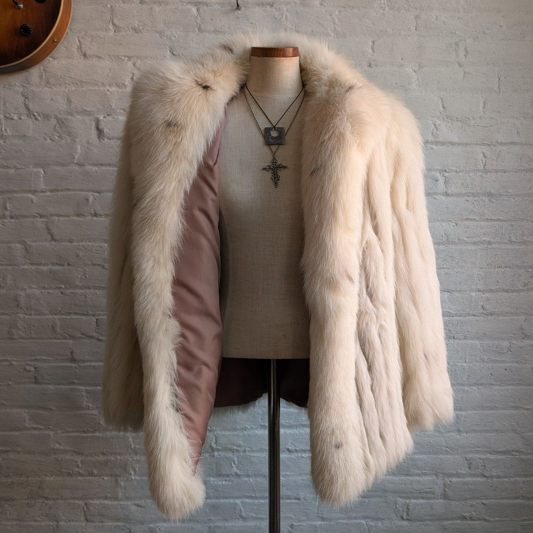 Vintage White Fluffy Fox Fur Coat Spotted Genuine Furry Mobwife Designer Jacket