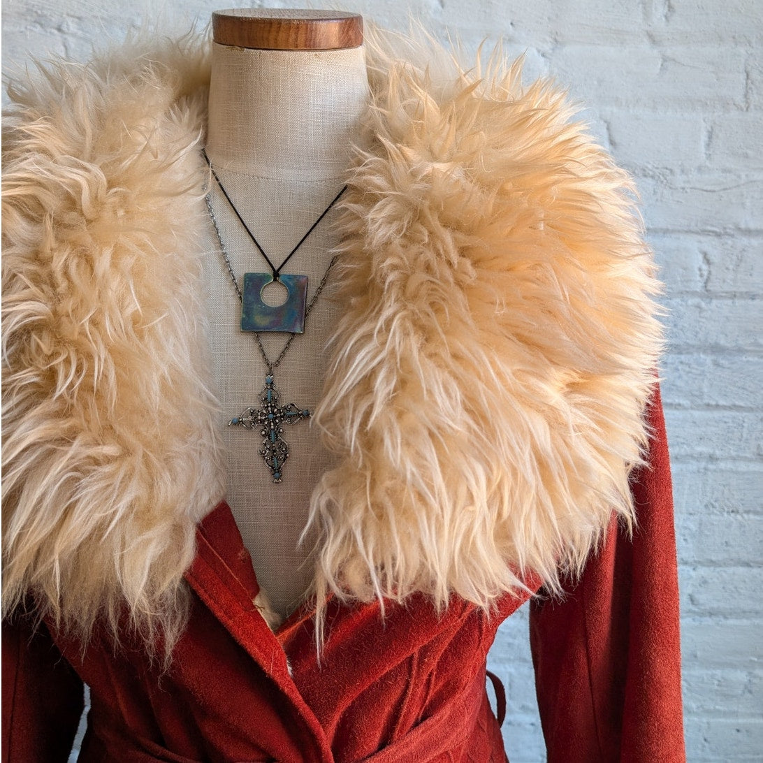 Vintage Red Suede Penny Lane Fur Jacket Furry Leather Groovy Vintage Trench Coat