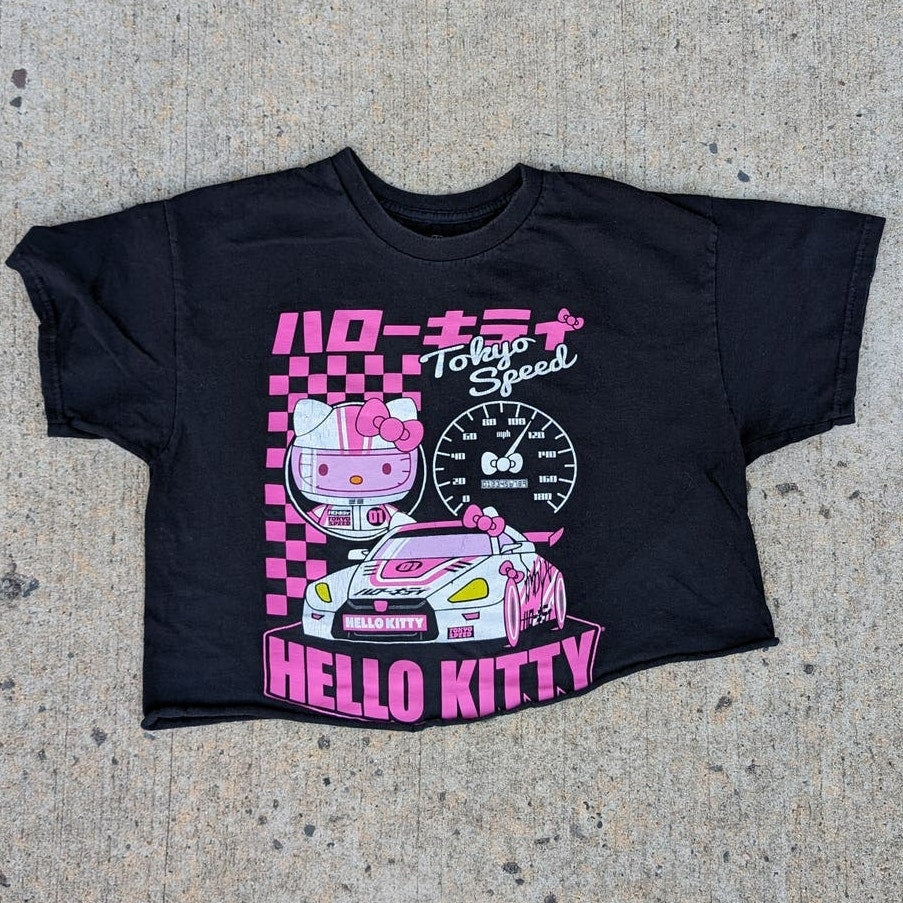 Retro Hello Kitty Graphic Print Cropped Tee Y2K 90s Boxy Anime Drag Racing Top