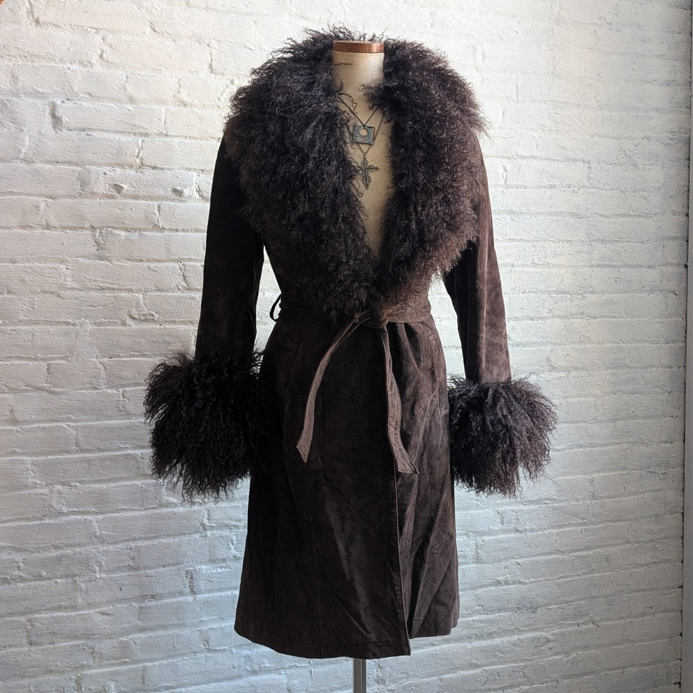 Vintage Brown Suede Penny Lane Jacket Fur Furry Leather Groovy Mod Trench Coat