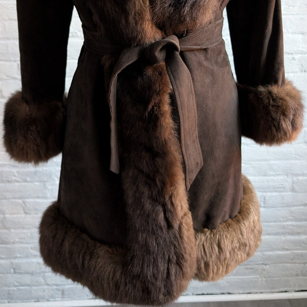 Vintage Brown Suede Penny Lane Jacket Fur Furry Leather Groovy Mod Trench Coat