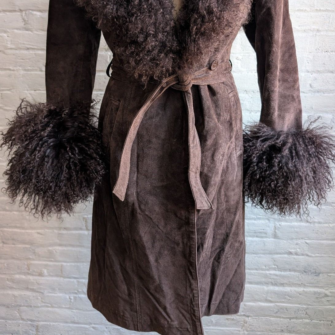 Vintage Brown Suede Penny Lane Jacket Fur Furry Leather Groovy Mod Trench Coat