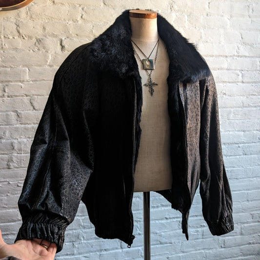 Vintage Black Leather Fur Bomber Jacket Minimalist Genuine Suede Moto Biker Coat