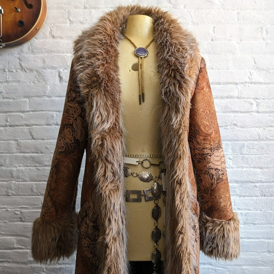 90s Vintage Penny Lane Groovy Faux Fur Jacket Shaggy Afghan Tapestry Trench Coat