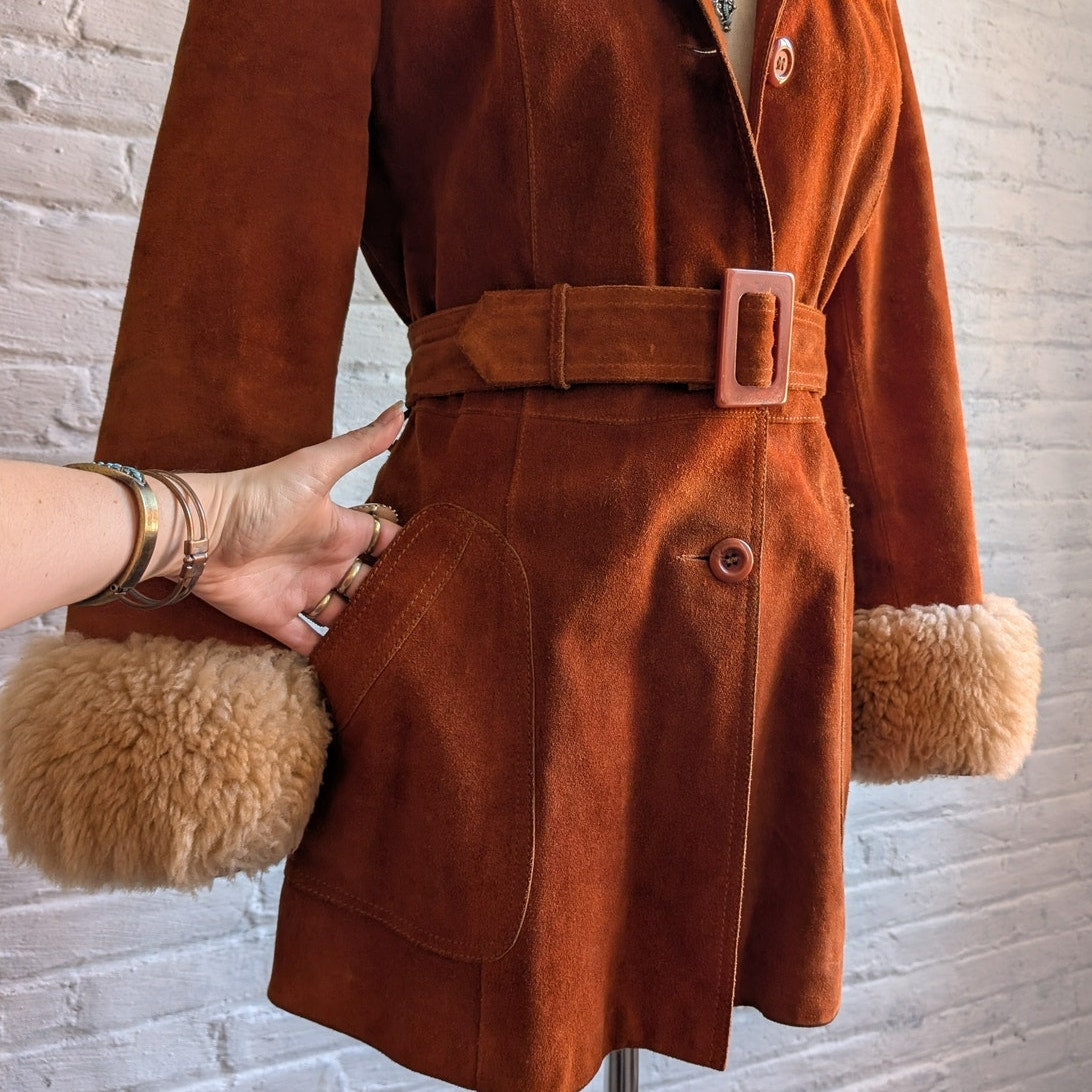 Vintage Orange Suede Fur Penny Lane Coat Groovy Jacket Furry Mod Trench Coat