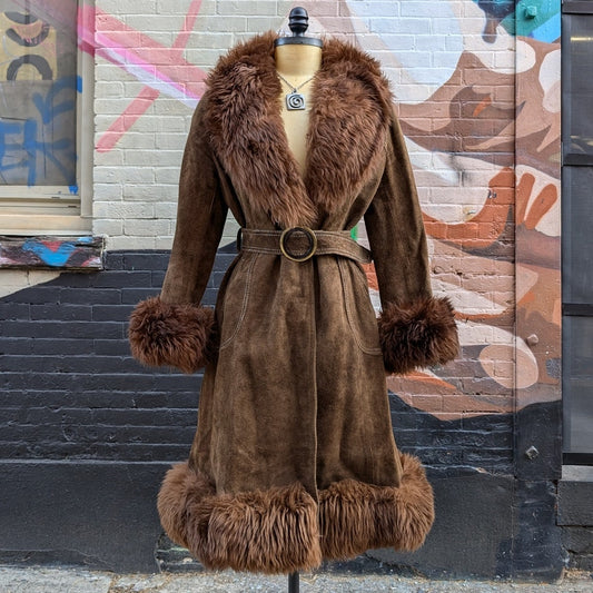 70s Brown Suede Jacket Penny Lane Fur Furry Leather Groovy Vintage Trench Coat