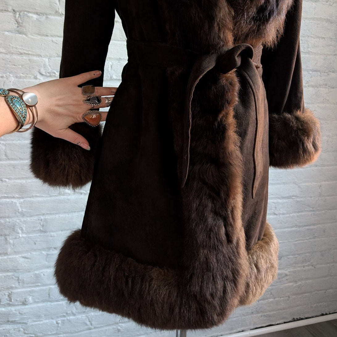 Vintage Brown Suede Penny Lane Jacket Fur Furry Leather Groovy Mod Trench Coat