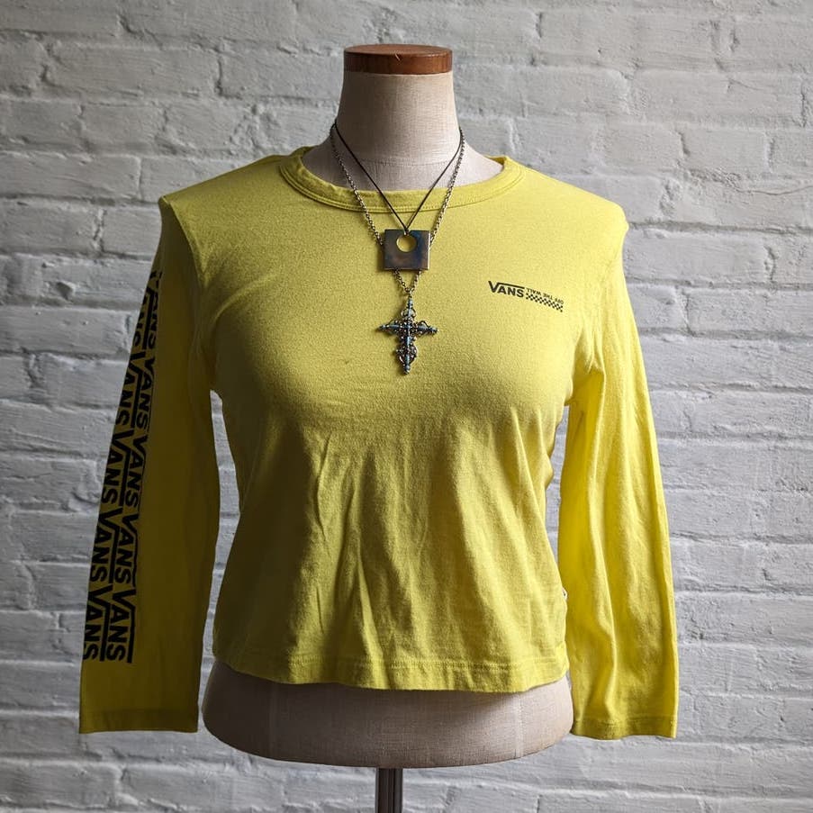 Vans Y2K Retro Minimalist Yellow Skater Crop Top Checkered Graphic Spellout Tee